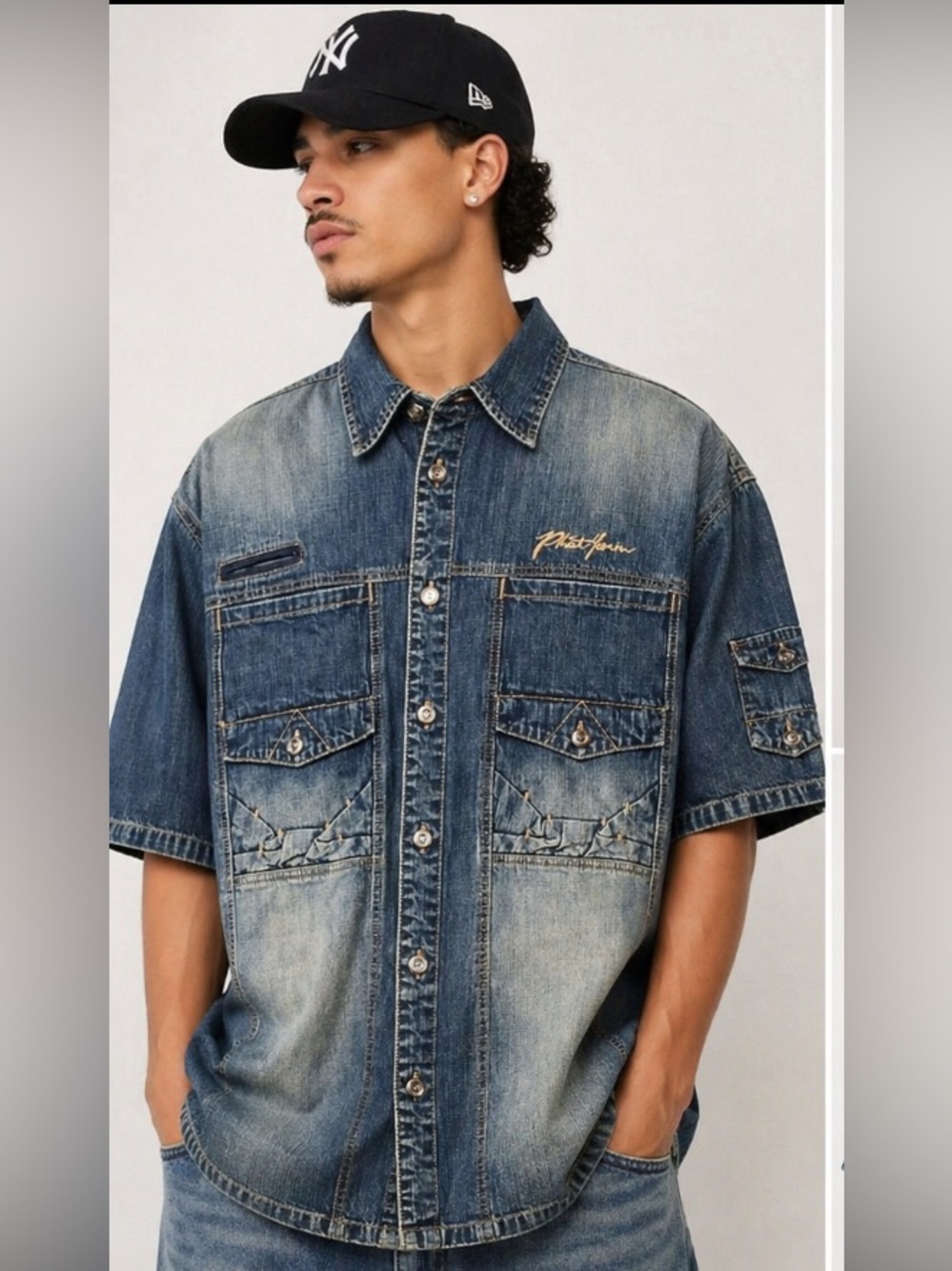 Phat Farm Vintage Denim Button-Up short sleeve jacket, Distressed Wash, size XXL